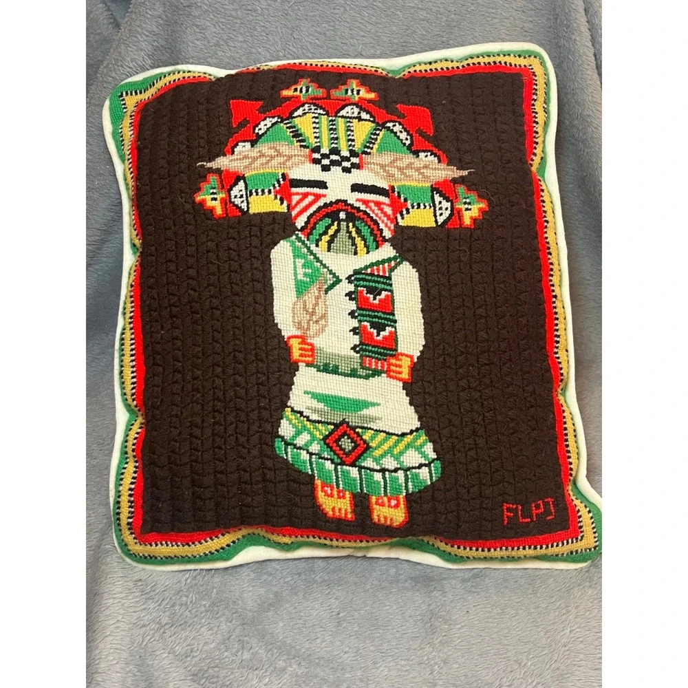 Vintage Handmade Needlepoint Kachina Dancer Pillow Southwestern Folk Art Signed